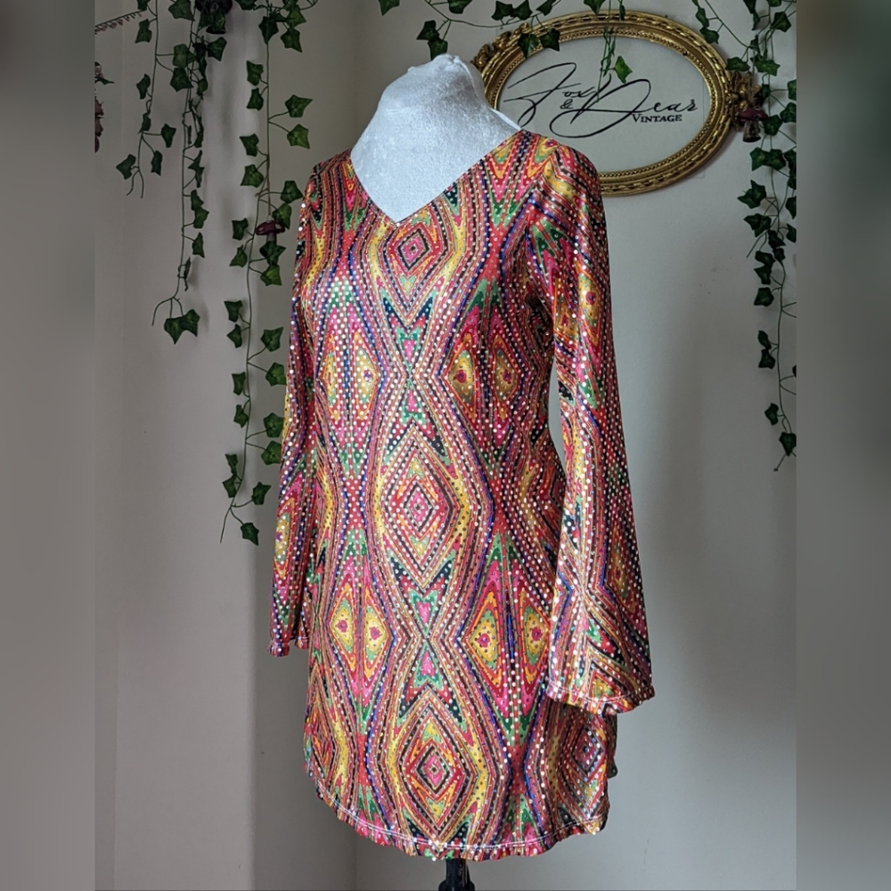 Multi Colored Vintage 1960s 1970s Inspired Super Mini Dress Sz S/M